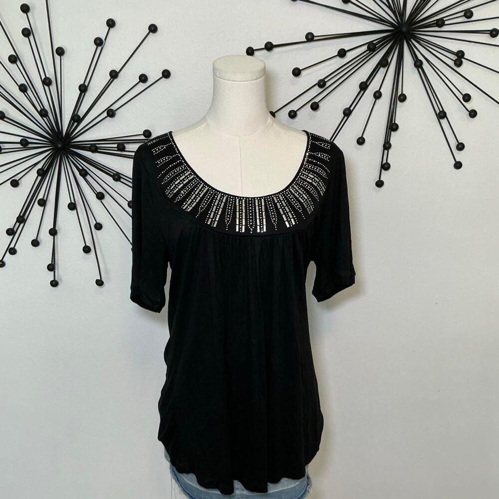Gitano Black Embellished Scoop Neck Tunic Top Rhinestone Studded Size 14/16W
